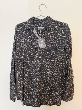 Women Express Black Button-Down Shirt with Light Pink Floral Motif